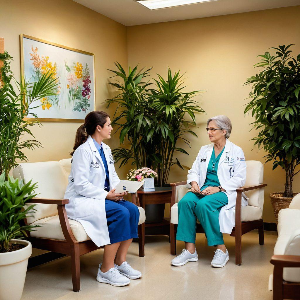 A serene hospital scene showing a caring oncologist in a white coat, attentively discussing a treatment plan with a cancer patient seated in a cozy chair surrounded by vibrant plants and supportive family members. The background should convey a warm and hopeful atmosphere with soft lighting and inspirational quotes on the walls. super-realistic. vibrant colors. warm ambiance.