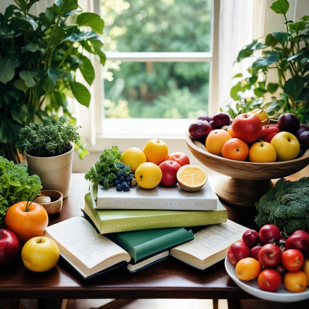 A serene illustration depicting a balanced table filled with vibrant fruits and vegetables, alongside calming elements like a meditation cushion and a journal. In the background, soft sunlight filters through greenery, symbolizing nature's healing power. Include subtle representations of mental health, like a brain symbol mixed with leaves, and lifestyle changes like a pair of running shoes. The overall ambiance should convey harmony and wellness. bright colors. soft focus.