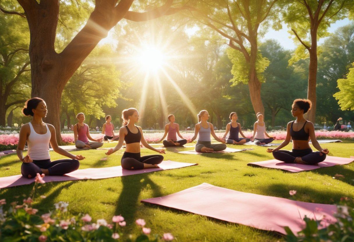 A serene scene depicting a diverse group of people practicing yoga in a sunlit park, surrounded by bright flowers and trees, symbolizing empowerment and wellness. Each person reflects different stages of life, showcasing resilience and positivity. Include elements like cancer awareness ribbons subtly placed in the environment. soft and uplifting. vibrant colors. super-realistic.